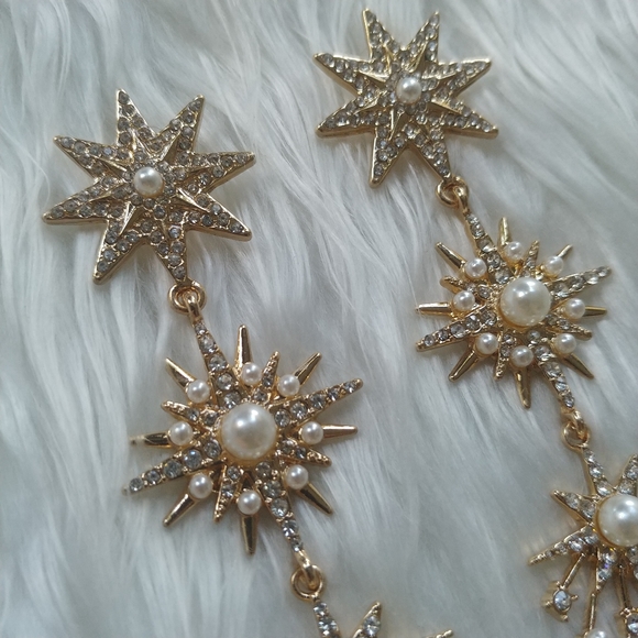 Gold Pearl Crystal Star Burst 3 Tier Drop Earrings - Picture 11 of 11